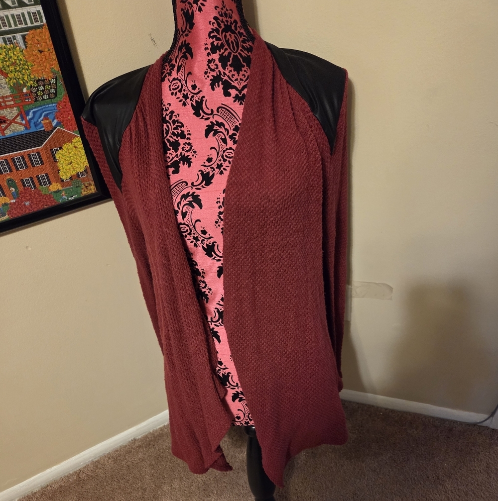 Confidence Front Women's Cardigan in Burgundy with Faux Leather Shoulders Large
